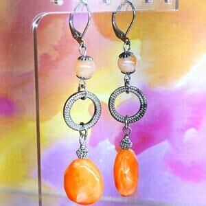 Orange Beaded Silver Tone 3" Drop Dangle Hook Earrings